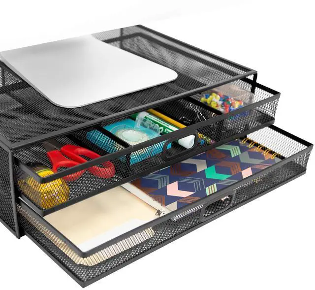 Main image of Computer Monitor Stand With Drawers, Metal Mesh Riser and Organizer for Laptops and Computer Screens, Laptop, and Printer Accessories and Office Supplies (Black)
