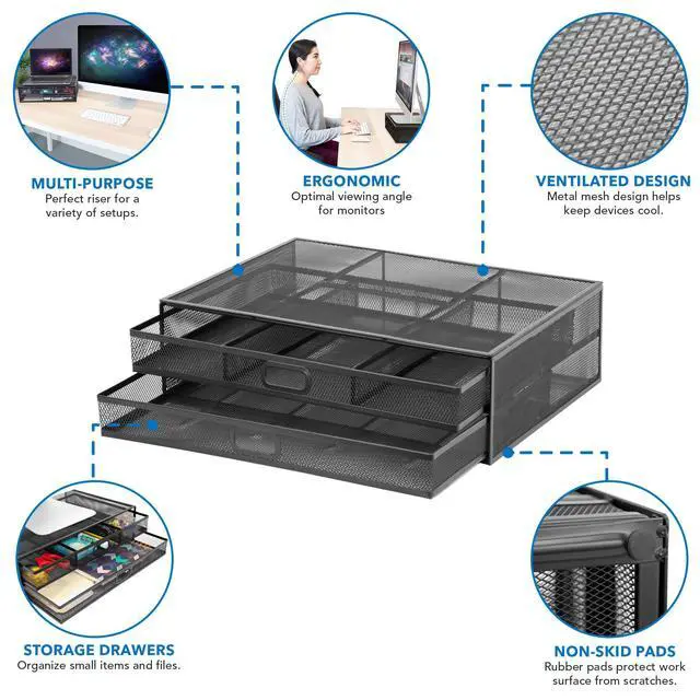 Alt view image 5 of 7 - Computer Monitor Stand With Drawers, Metal Mesh Riser and Organizer for Laptops and Computer Screens, Laptop, and Printer Accessories and Office Supplies (Black)