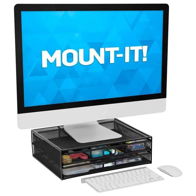 Alt view image 6 of 7 - Computer Monitor Stand With Drawers, Metal Mesh Riser and Organizer for Laptops and Computer Screens, Laptop, and Printer Accessories and Office Supplies (Black)