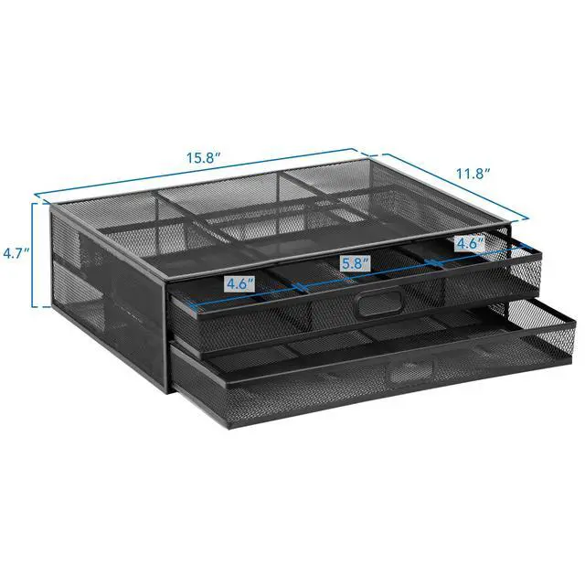 Alt view image 7 of 7 - Computer Monitor Stand With Drawers, Metal Mesh Riser and Organizer for Laptops and Computer Screens, Laptop, and Printer Accessories and Office Supplies (Black)