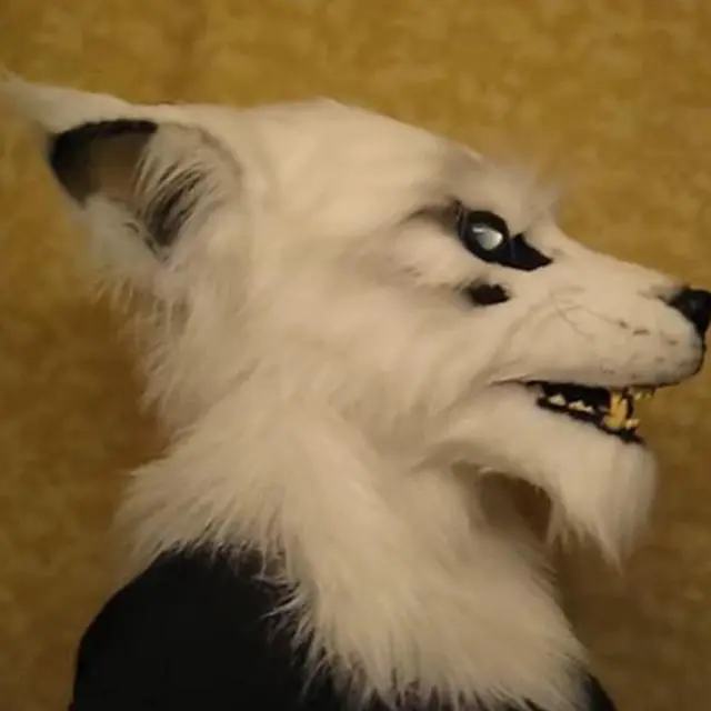 Main image of Halloween horror plush gray wolf dog mask headgear eyes glowing independent station custom props white wolf headgear