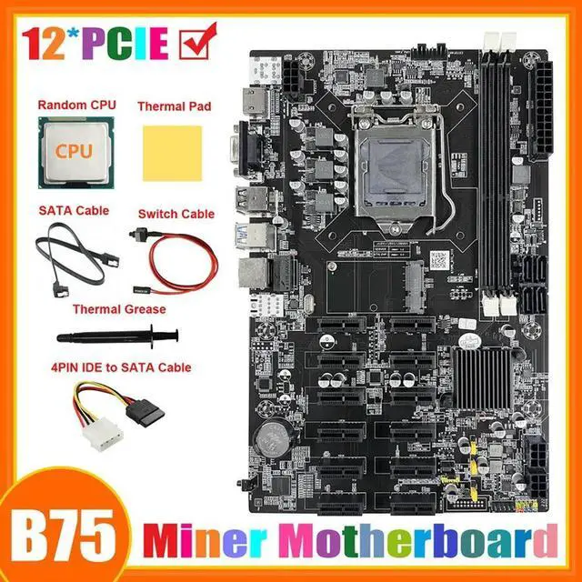 Main image of FOR B75 12 PCIE ETH Mining Motherboard+CPU+4PIN IDE To SATA Cable+SATA Cable+Switch Cable+Thermal Grease+Thermal Pad