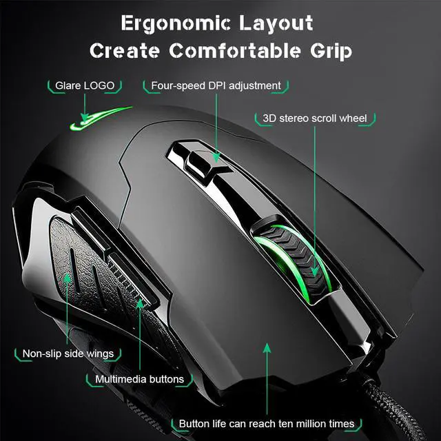 Alt view image 3 of 7 - Portholic Gaming Mouse Wired Breathing Light Ergonomic Game USB Computer Mice Multicolor Gamer Desktop Laptop PC Gaming Mouse, 6 Buttons for Windows 7/8/10/XP Vista Linux, Black