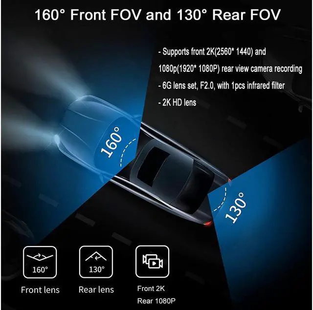 Alt view image 4 of 7 - 360 G500H Premium 2K Dual Dash Cam, 2560x1440P Front, 1920x1080 Rear Camera, 160° Wide Angle, Color Night Vision, 24hr Motion Detection Parking Mode, Loop Recording, G-Sensor