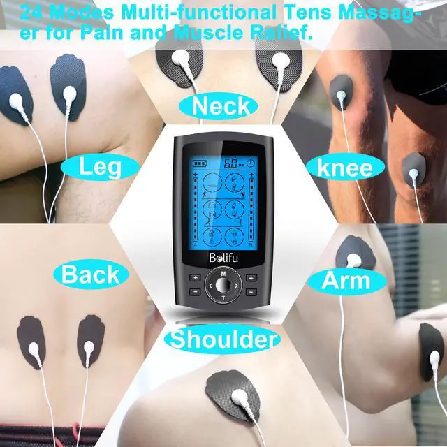 Alt view image 7 of 7 - Belifu Dual Channel TENS EMS Unit 24 Modes Muscle Stimulator for Pain Relief Therapy, Electronic Pulse Massager Muscle Massager with 10 Pads, Dust-Proof Drawstring Storage Bag
