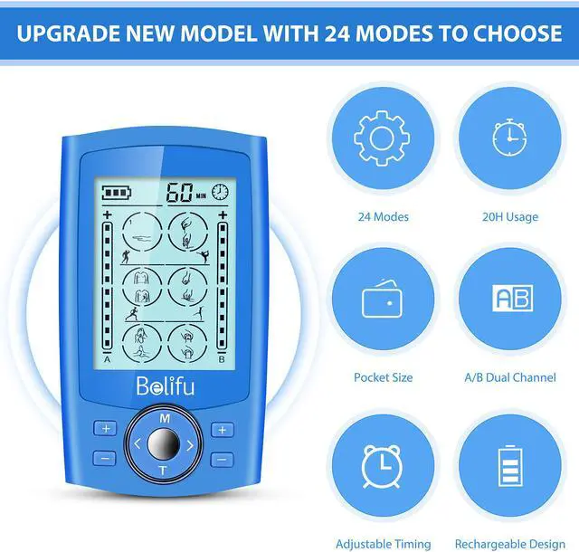 Alt view image 4 of 6 - Belifu Dual Channel TENS EMS Unit 24 Modes Muscle Stimulator for Pain Relief Therapy, Electronic Pulse Massager Muscle Massager with 10 Pads, Dust-Proof Drawstring Storage Bag