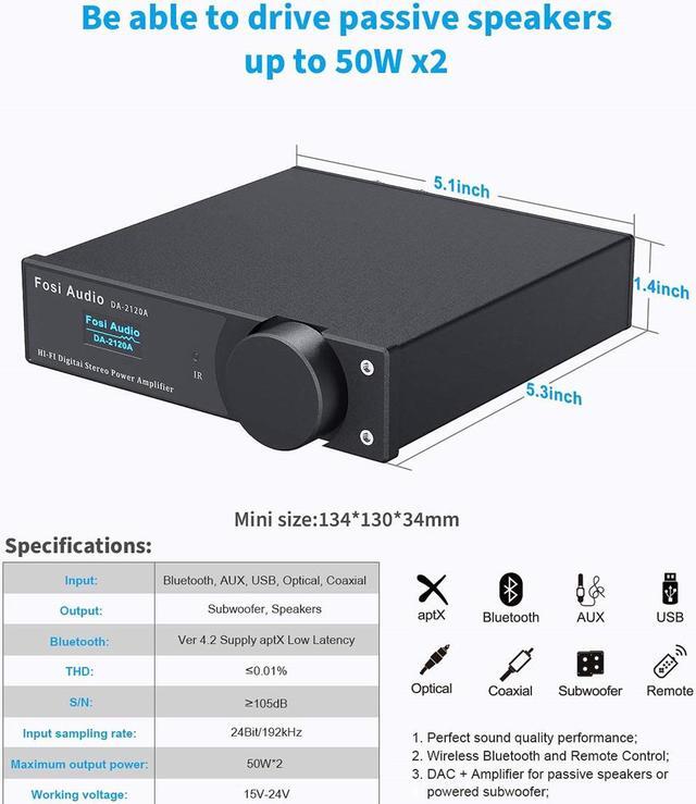 Alt view image 4 of 7 - Fosi Audio DA2120A Bluetooth Amplifier Stereo Receiver 2 Channel Audio Wireless Amp, DAC Hi-Fi Compact Mini Integrated Class D Power Amp for 50W x2@4O Speakers & Active Subwoofer with Remote Control