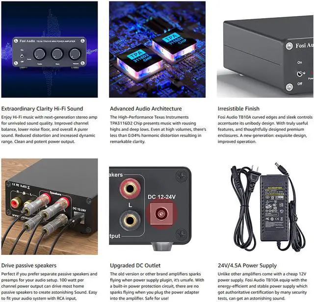 Alt view image 4 of 7 - Fosi Audio TB10A 2 Channel Stereo Audio Amplifier Receiver Mini Hi-Fi Class D Integrated Amp 2.0CH for Home Speakers 100W x 2 with Bass and Treble Control TPA3116(with Power Supply)