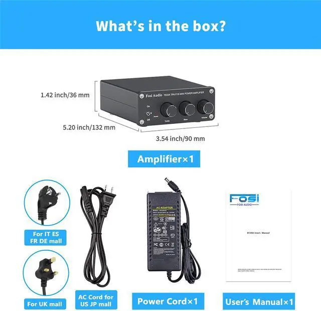 Alt view image 7 of 7 - Fosi Audio TB10A 2 Channel Stereo Audio Amplifier Receiver Mini Hi-Fi Class D Integrated Amp 2.0CH for Home Speakers 100W x 2 with Bass and Treble Control TPA3116(with Power Supply)