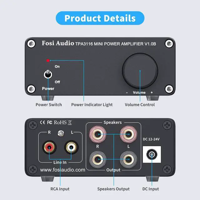 Alt view image 5 of 7 - Fosi Audio V1.0B 2 Channel Amplifier Stereo Audio Amp Mini Hi-Fi Class D Integrated TPA3116 Amp for Home Speakers 50W x 2 with 19V 4.74A Power Supply