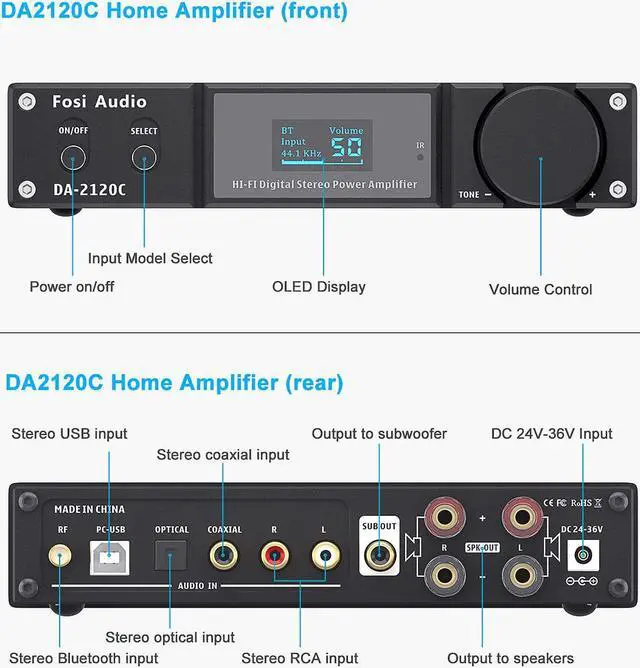 Alt view image 5 of 7 - Fosi Audio DA2120C 240W Bluetooth 5.0 Stereo Audio Hi-Fi DAC Amplifier Support aptX 24Bit-192kHz 2.1 Channel Integrated Class D Power Amp with RCA/PC-USB/Coaxial/Optical Input and Remote Control