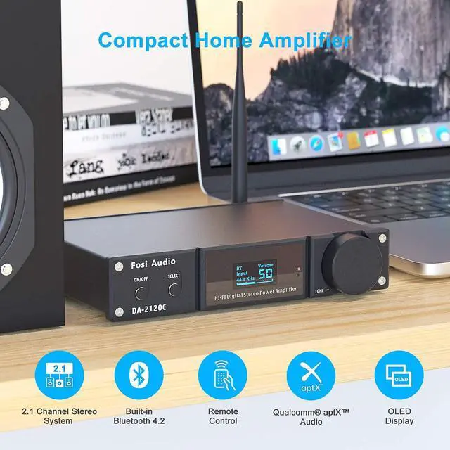 Alt view image 2 of 7 - Fosi Audio DA2120C 240W Bluetooth 5.0 Stereo Audio Hi-Fi DAC Amplifier Support aptX 24Bit-192kHz 2.1 Channel Integrated Class D Power Amp with RCA/PC-USB/Coaxial/Optical Input and Remote Control