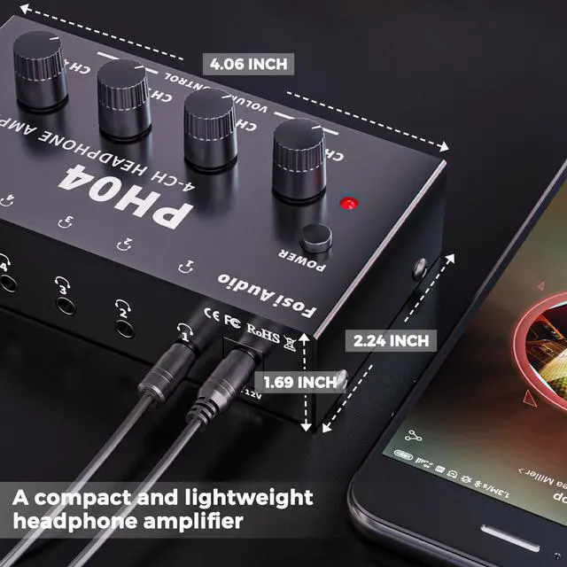 Alt view image 5 of 7 - Fosi Audio PH04 4 Channel Headphone Amplifier Stereo Audio Amp with 12V 1A Power Adapter Ultra-Compact Portable Headphone Splitter for Studio and Stage