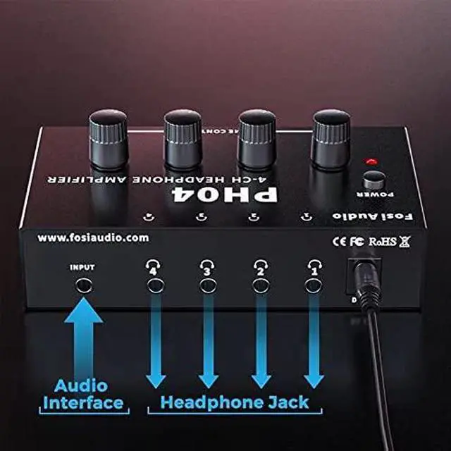 Alt view image 2 of 7 - Fosi Audio PH04 4 Channel Headphone Amplifier Stereo Audio Amp with 12V 1A Power Adapter Ultra-Compact Portable Headphone Splitter for Studio and Stage
