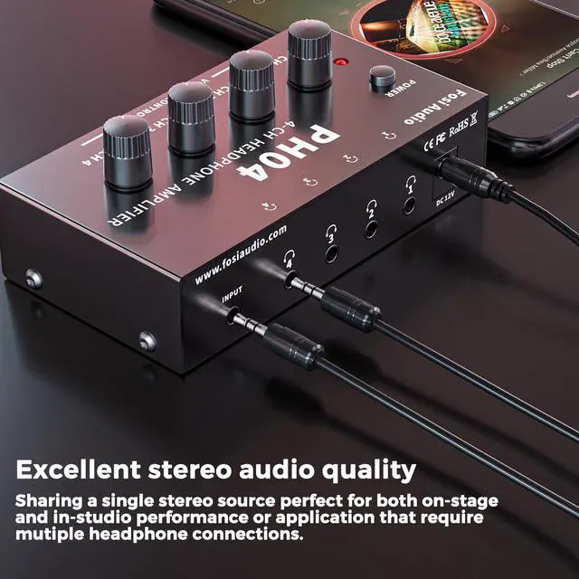 Alt view image 3 of 7 - Fosi Audio PH04 4 Channel Headphone Amplifier Stereo Audio Amp with 12V 1A Power Adapter Ultra-Compact Portable Headphone Splitter for Studio and Stage