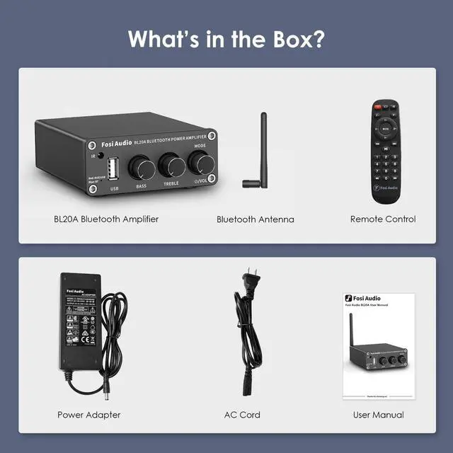 Alt view image 7 of 7 - Fosi Audio BL20A 200W Bluetooth 5.0 Home Audio Stereo Amplifier Hi-Fi Mini Class D Integrated Amp with U-Disk/3.5MM AUX/RCA Input and Remote Control for Home Passive Theater Speaker with Power Supply