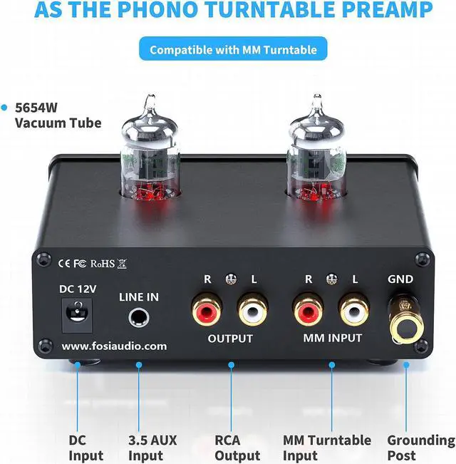 Alt view image 3 of 7 - Fosi Audio Box X4 Phono Preamp with JAN 5654W Vacuum Tubes for MM Turntable Phonograph Record Player with Volume Bass Treble Control