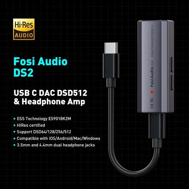 Alt view image 2 of 7 - Fosi Audio DS2 USB C to AUX Headphone Amp DAC Dongle 3.5mm Jack Audio Portable Amplifier Dual Output DSD256 4.4mm Balanced High Resolution CS43131 for iPhone 15 Pro Max Plus iPad Android Phone