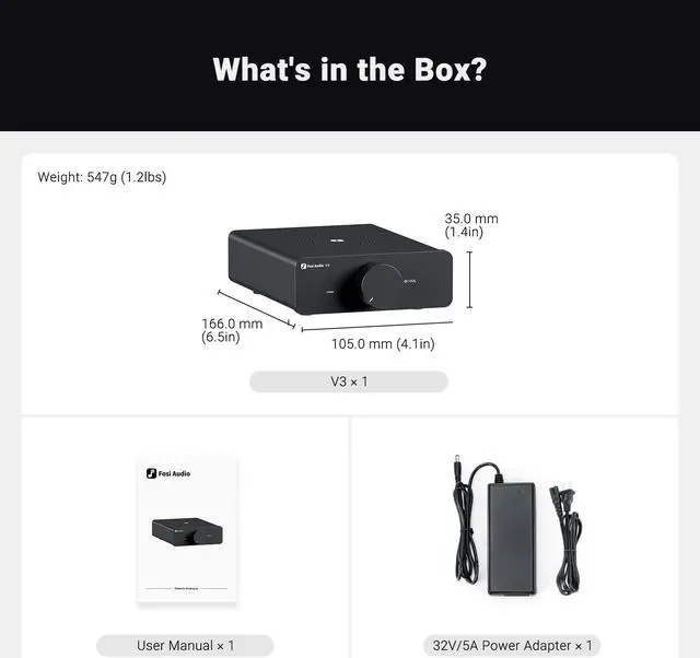 Alt view image 7 of 7 - Fosi Audio V3 Stereo Amplifier 300W x2 with TPA3255 Class D for Home Audio and Theater Systems Featuring Audiophile-Grade Components and Innovative Cooling Design with 32v power supply