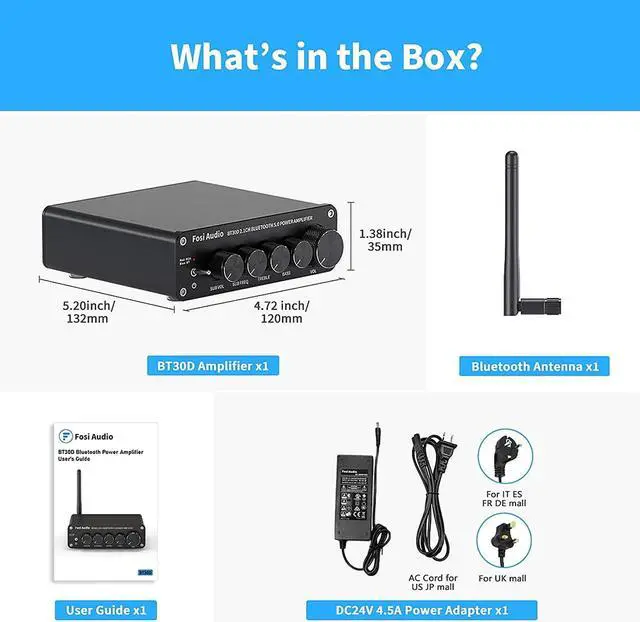 Alt view image 6 of 6 - Fosi Audio BT30D Bluetooth 5.0 Stereo Audio Receiver Amplifier 2.1 Channel Mini Hi-Fi Class D Integrated Amp 50 Watt x2+100 Watt for Home Outdoor Passive Speakers/Subwoofer Powered Subwoofer