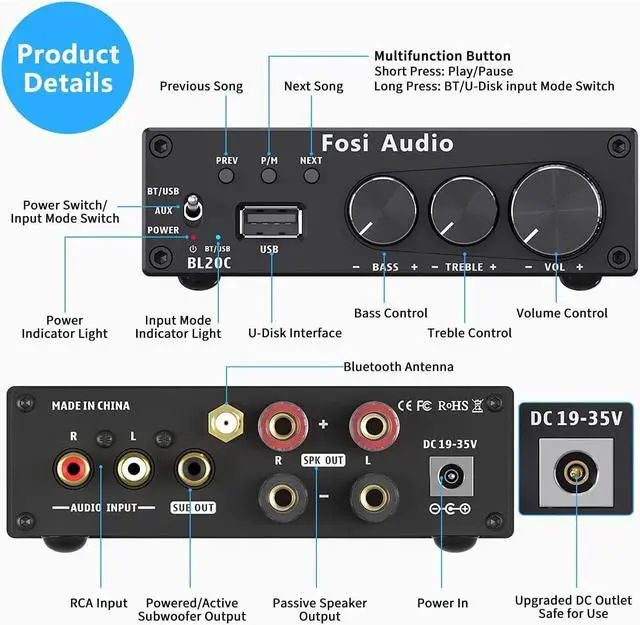 Alt view image 2 of 6 - Fosi Audio BL20C Bluetooth 5.0 Stereo Audio Receiver Amplifier 320 Watts 2.1 CH Mini Hi-Fi Class D TDA7498E Integrated Amp U-Disk Player for Home Passive Speakers Powered Subwoofer(with Power Supply)