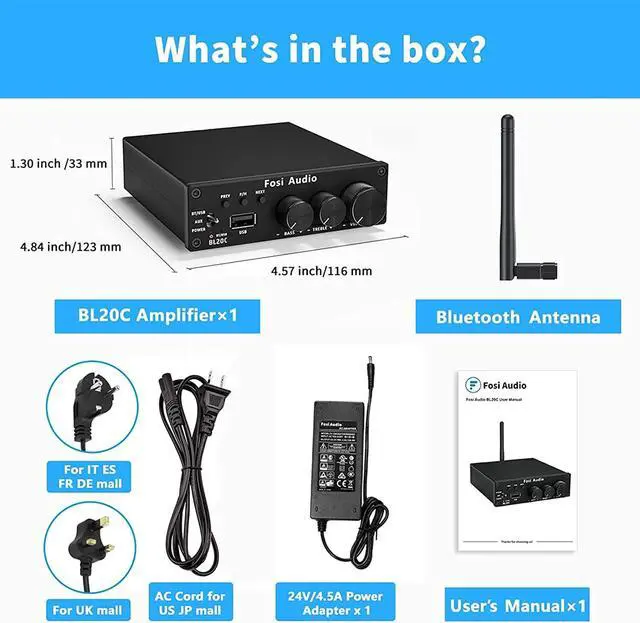 Alt view image 6 of 6 - Fosi Audio BL20C Bluetooth 5.0 Stereo Audio Receiver Amplifier 320 Watts 2.1 CH Mini Hi-Fi Class D TDA7498E Integrated Amp U-Disk Player for Home Passive Speakers Powered Subwoofer(with Power Supply)