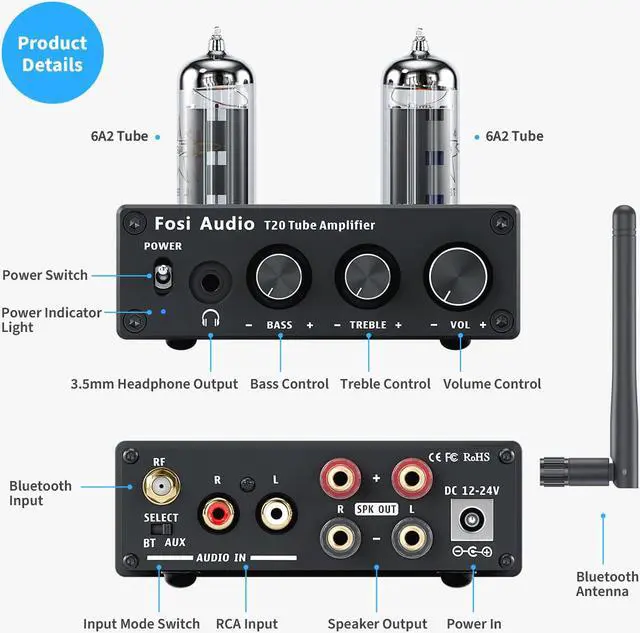Alt view image 2 of 7 - Fosi Audio T20 Bluetooth 5.0 Tube Amplifier Headphone Amp Support aptX HD Stereo Receiver 2 Channel Class D Digital Mini Hi-Fi Power Amp for Home Passive Speakers with 5654W Vacuum Tubes