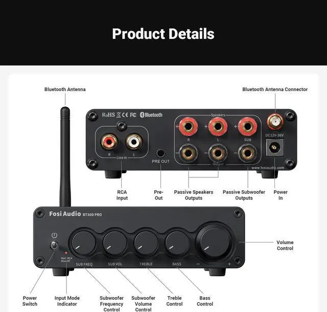 Alt view image 7 of 7 - Fosi Audio BT30D Pro TPA3255 Hi-Fi Bluetooth 5.0 Stereo Audio Receiver Amplifier 2.1 Channel Mini Class D Integrated Amp 165 Watt x2+350 Watt for Home Outdoor Desktop Bookshelf Speakers/Subwoofers