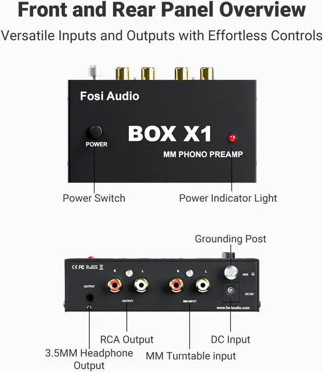 Alt view image 6 of 7 - Fosi Audio Box X1 Phono Preamp for MM Turntable Mini Stereo Audio Hi-Fi Phonograph/Record Player Preamplifier with 3.5MM Headphone and RCA Output with DC 12V Power Supply