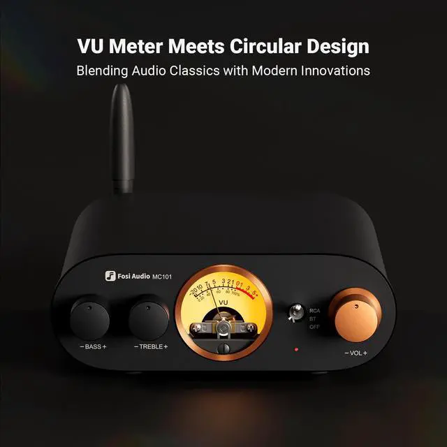 Alt view image 2 of 7 - Fosi Audio MC101 Bluetooth Stereo Amplifier Home Audio Component Mini Amp with VU Meter 2 Channel HiFi Receiver for Passive Speakers with Bass Treble Tone Control Vintage All Aluminum Alloy Build