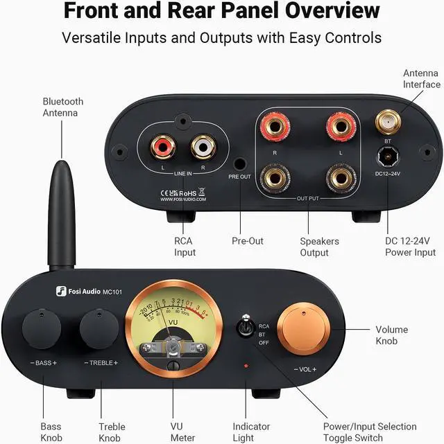 Alt view image 7 of 7 - Fosi Audio MC101 Bluetooth Stereo Amplifier Home Audio Component Mini Amp with VU Meter 2 Channel HiFi Receiver for Passive Speakers with Bass Treble Tone Control Vintage All Aluminum Alloy Build