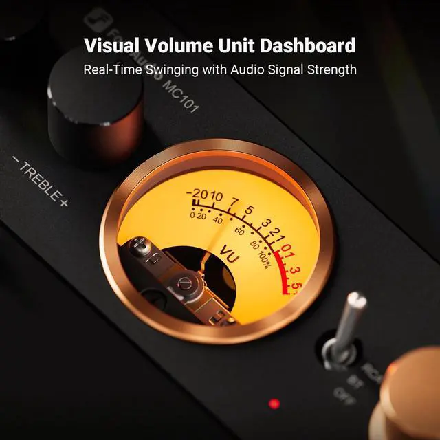Alt view image 3 of 7 - Fosi Audio MC101 Bluetooth Stereo Amplifier Home Audio Component Mini Amp with VU Meter 2 Channel HiFi Receiver for Passive Speakers with Bass Treble Tone Control Vintage All Aluminum Alloy Build