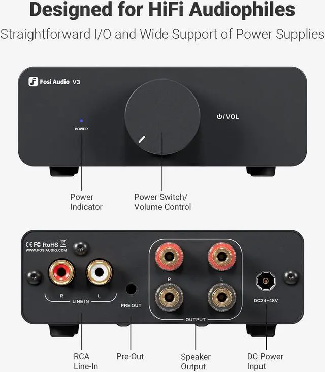Alt view image 2 of 7 - Fosi Audio V3 Stereo Amplifier Home Audio 300 Watts x2 Power TPA3255 Class D Mini Speaker Amp 2 Channel Audio Component for Passive Bookshelf Tower Speakers Desktop Home Theater with 48V Power Supply