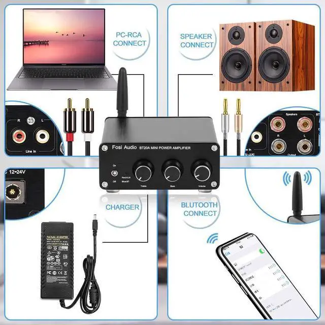 Alt view image 4 of 5 - Fosi Audio BT20A Amplifier Stereo Receiver Bluetooth 5.0 Mini Power Amp 2 Channel 200W for Home/Outdoor/Garage/Ceiling/Passive Speakers Theater System