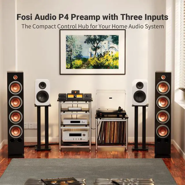 Alt view image 2 of 7 - Fosi Audio P4 Mini Preamp with 3 RCA Inputs, Home Audio Stereo Pre amp for Amplifier/Active Subwoofer/Speakers, Preamplifier with 3-Level Adjustable Gain 3/6/9 dB, Bass and Treble Control