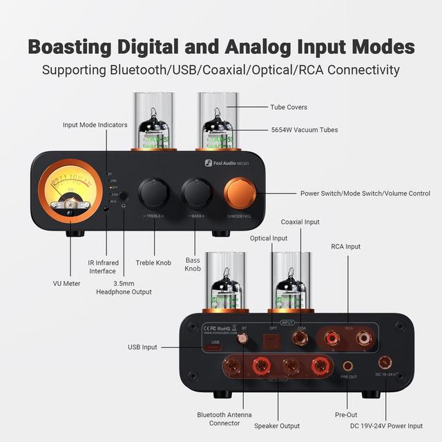 Alt view image 7 of 7 - Fosi Audio MC331 Tube Integrated Amplifier with DAC 2 Channel Home Audio Stereo Power Amp