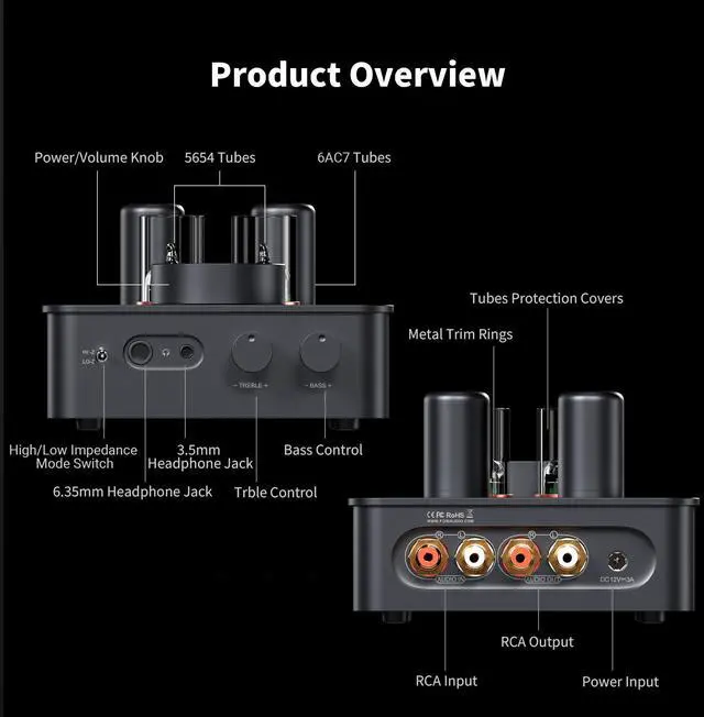 Alt view image 5 of 7 - Fosi Audio GR70 Tube Headphone Amp Preamp, Authentic Tube-Amplification with Vacuum 5654W*2 & 6AC7*2, Mini HiFi Preamplifier for Home Audio, 3.5mm & 6.35mm Jacks Supporting 16-300 ohms Impedance