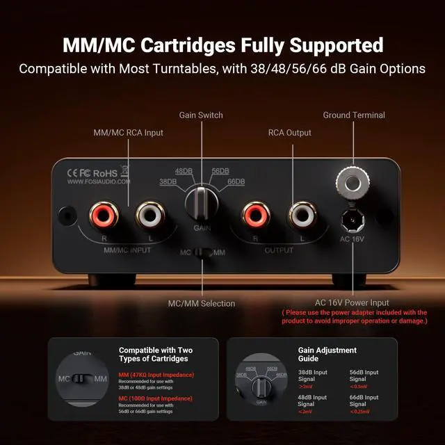 Alt view image 3 of 7 - Fosi Audio Box X5 Phono Preamp for Turntable, Mini Preamplifier Home Audio for MM & MC Cartridge Turntable/Phonograph Record Player/Active Speakers, 4-Level Adjustable Gain 38/48/56/66 dB with RCA