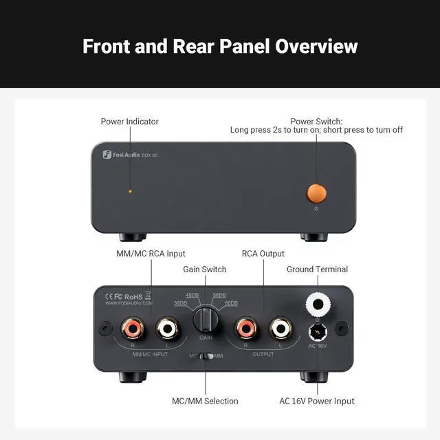 Alt view image 5 of 7 - Fosi Audio Box X5 Phono Preamp for Turntable, Mini Preamplifier Home Audio for MM & MC Cartridge Turntable/Phonograph Record Player/Active Speakers, 4-Level Adjustable Gain 38/48/56/66 dB with RCA