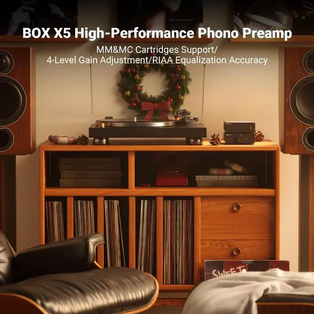 Alt view image 2 of 7 - Fosi Audio Box X5 Phono Preamp for Turntable, Mini Preamplifier Home Audio for MM & MC Cartridge Turntable/Phonograph Record Player/Active Speakers, 4-Level Adjustable Gain 38/48/56/66 dB with RCA