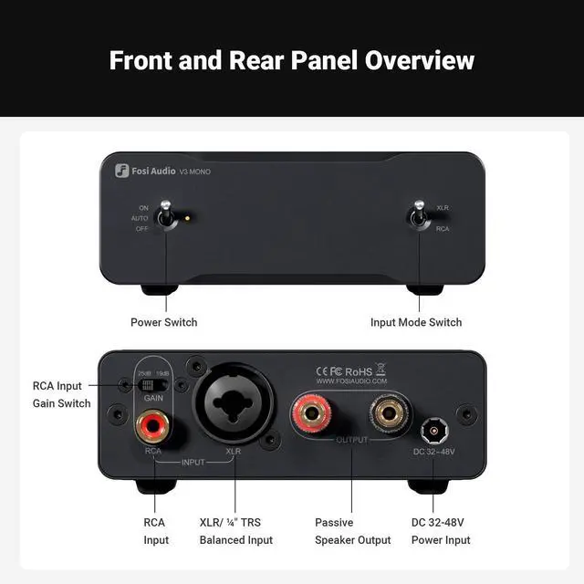 Alt view image 5 of 7 - Fosi Audio Two V3 Mono Power Amplifier 240W Class D AMP with TPA3255 Chip, RCA/XLR Balanced Inputs, 48V/10A Power, for Home Audio Speakers & Home Theater