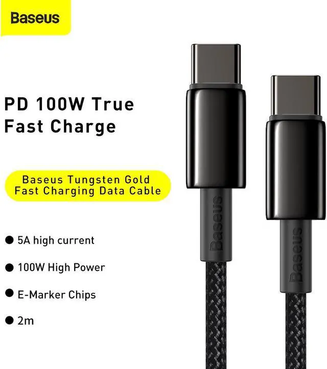 Alt view image 2 of 7 - Baseus Tungsten Gold Fast Charging Data Cable Type-C to Type-C 100W 2m Black