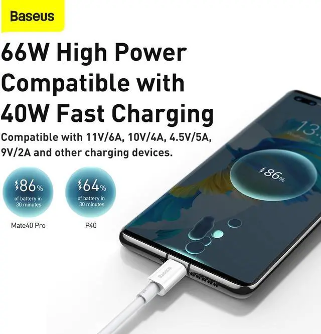 Alt view image 4 of 7 - Baseus Superior Series Fast Charging Data Cable USB to Type-C 66W 2m White