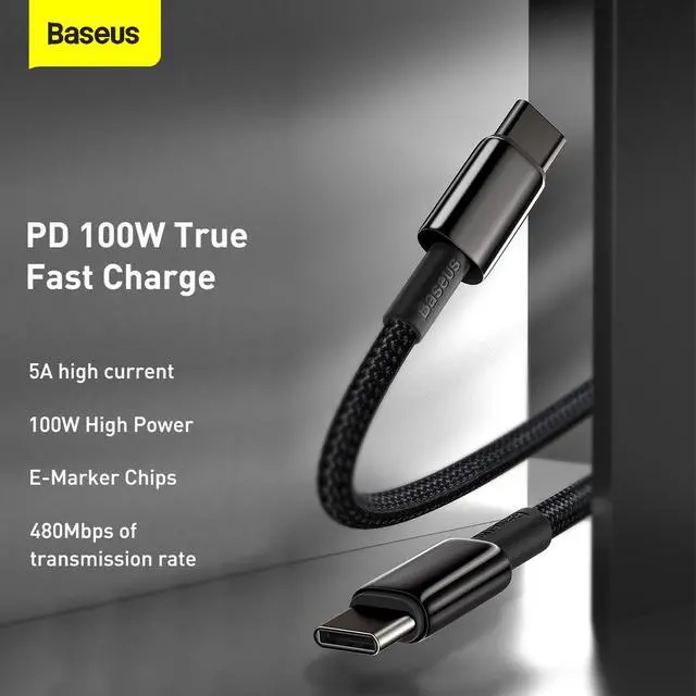 Alt view image 3 of 7 - Baseus Tungsten Gold Fast Charging Data Cable Type-C to Type-C 100W 2m Black