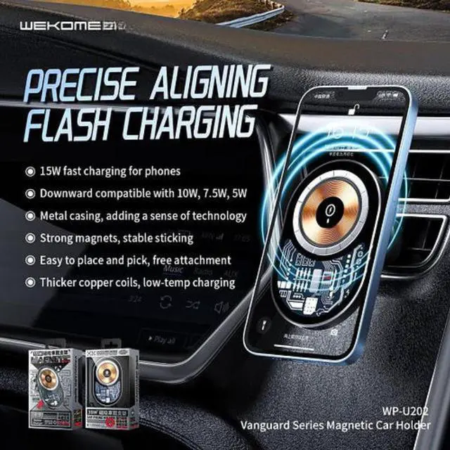 Alt view image 3 of 3 - 15W fast charging for phones
® Downward compatible with l0W, 7.5W, 5W© Metal casing, adding a sense of technology
@ Strong magnets, stable sticking
© Easy to place and pick, free attachmen