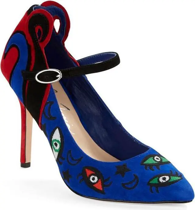 Alt view image 2 of 12 - Isa Tapia Barcelona Embroidered Suede Mary Jane Closed Pointed-Toe Heels Pump - Size 37.5