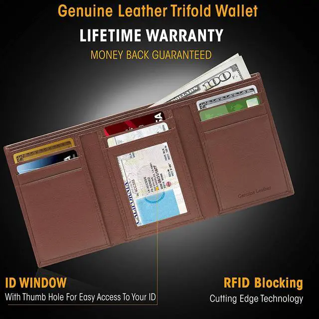 Alt view image 6 of 7 - Trifold Leather Wallets For Men Slim - Mens Wallet Card With ID Window & Gift Box For Him RFID Blocking