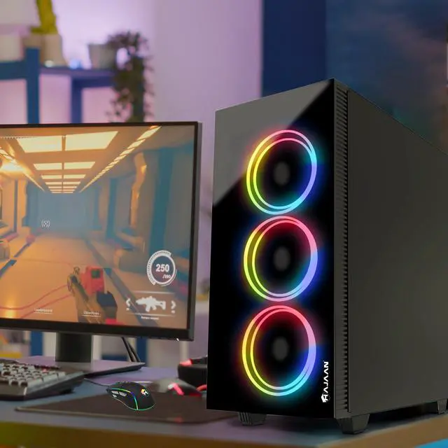 Alt view image 6 of 6 - HAJAAN CYCLONIA Gaming Tower Computer Desktop PC - AMD Ryzen 7 5700G Processor Up to 4.6GHz - RTX 3060 12G GDDR6 - 16GB DDR4 - 1TB SSD - Windows 11 Pro - Keyboard Mouse and Headset