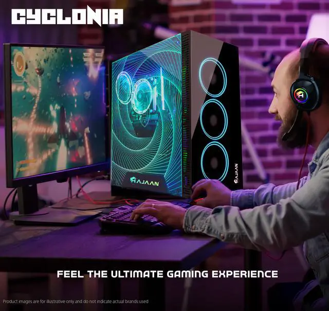 Alt view image 5 of 6 - HAJAAN CYCLONIA Gaming Tower Computer Desktop PC - AMD Ryzen 7 5700G Processor Up to 4.6GHz - RTX 3060 12G GDDR6 - 16GB DDR4 - 1TB SSD - Windows 11 Pro - Keyboard Mouse and Headset