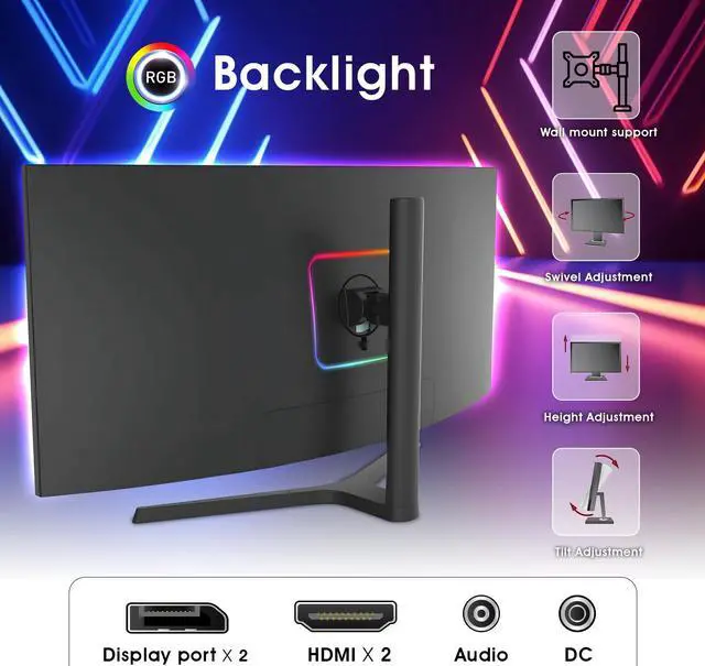 Alt view image 6 of 7 - HAJAAN 34 Inch UWQHD 165Hz RGB Curved Gaming Monitor | Ultrawide 21:9 3440x1440p, VA Display, Built-in Speakers | Tilt Adjustment | Wall Mountable | 2X DP, 2X HDMI - (X3423C)